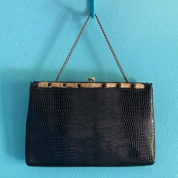 Vintage Lizard Clutch Handbag Black with Chain Handle 6 X 9 - Picture 1 of 16
